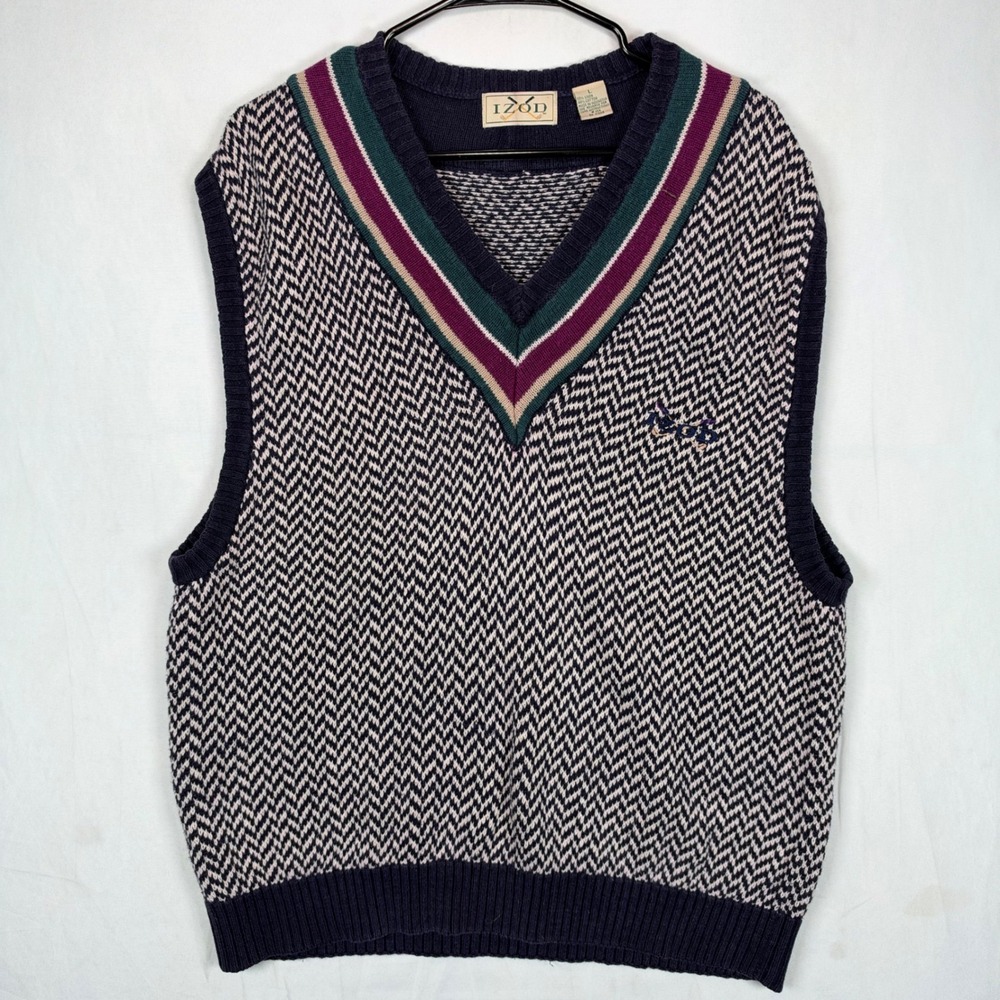 IZOD Golf V-Neck Sweater Vest Mens Large Navy Herringbone Linen Striped Vintage